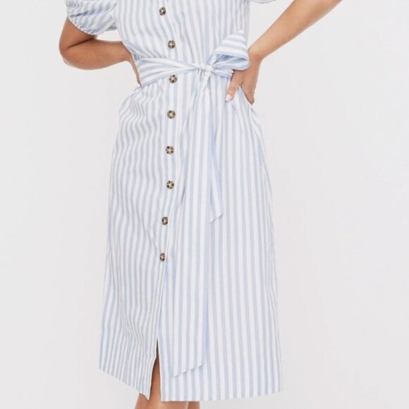 NEW J Crew French Cottage Blue White Dress Striped Puff Sleeve Midi XS - Picture 2 of 6